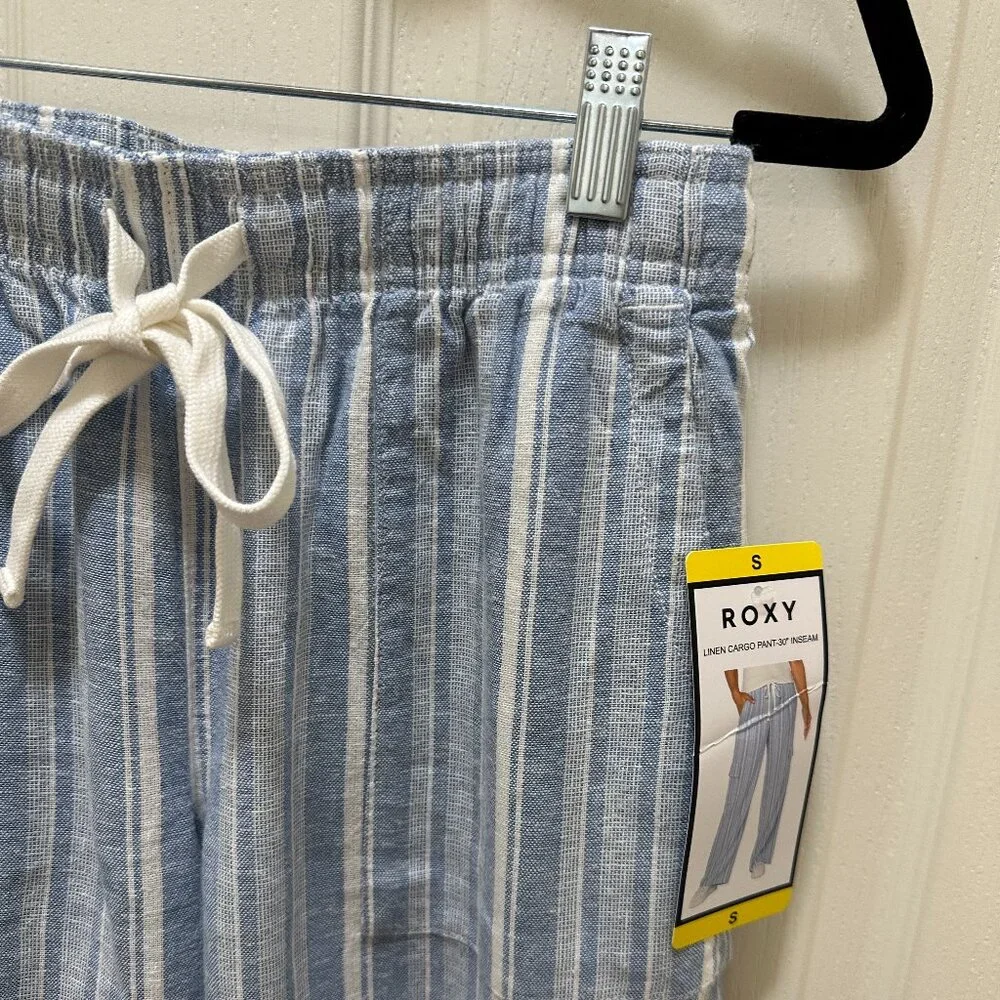 Roxy Women's Linen Blend Cargo Pant Size S Blue Cottagecore Coastal Boho Beach - Picture 5 of 15